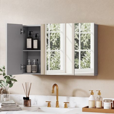 Armoire de toilette murale grise, meuble de salle de bain avec miroir, 3 portes, étagères réglables, rangement médicaments, 180x60 cm, design moderne (1/5)