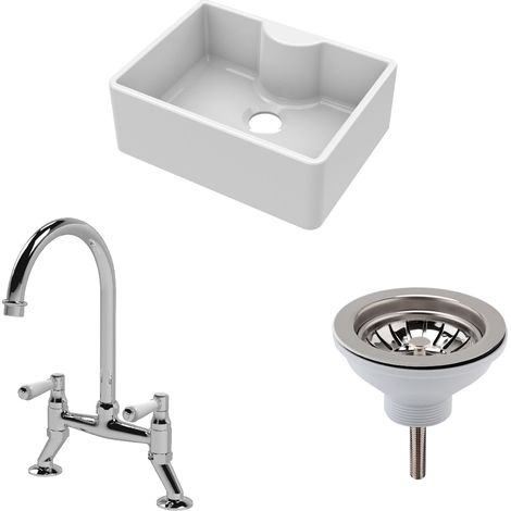 Fireclay 595mm Single Bowl Butler Kitchen Sink Bundle with Tap Ledge, Chrome Bridge Mixer Tap and Waste by Balterley