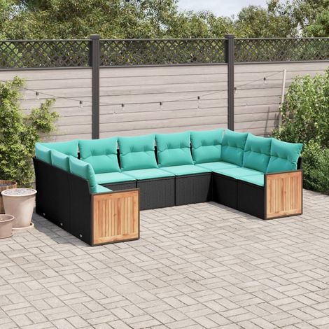9-teiliges Gartensofa-Set mit Kissen, schwarzes Polyrattan (1/5)
