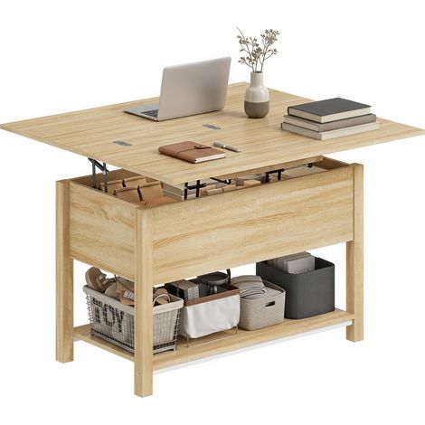 Table basse relevable extensible en bois naturel. compartiment caché. 100x45x50.5 cm. ambiance chaleureuse pour votre intérieur. plateau polyvalent pour vos activités quotidiennes (1/5)