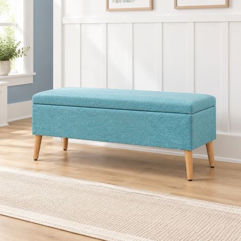 Banc coffre rembourré bleu 110 x 39 x 45 cm aspect lin HAVRYA (1/5)