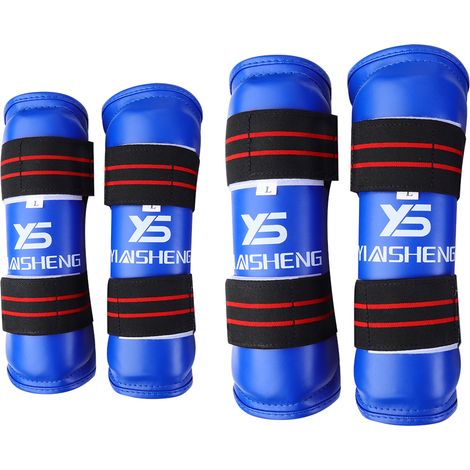 Arm Guard - Shin Guard - Taekwondo Protection Set - PU Leather - Thick Sponge Padding - Elastic + Hook-and-Loop Closure - Blue - Size M (1/5)