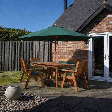 6 Seater Wooden Set with Table, Benches, Chairs, Green Cushions & Parasol (1/5)