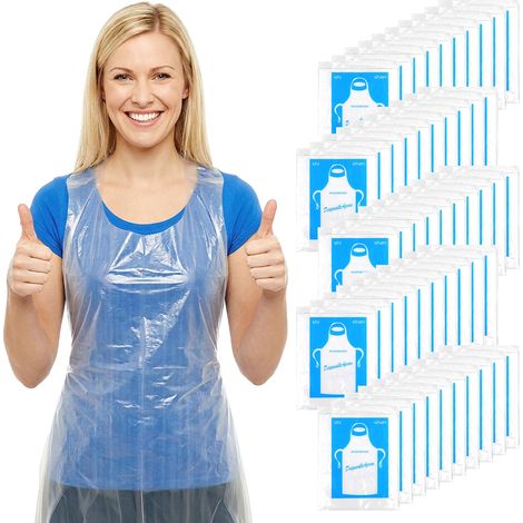 Lot de 100 tabliers jetables en plastique imperméable réglables pour adultes, cuisine, peinture, travaux ménagers, pique-nique et fête (1/5)