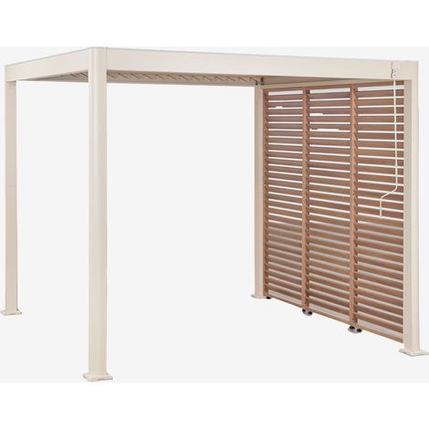 Pergola bioclimatique en aluminium avec lames et panneau latéral Druvia SKLUM Beige Tapioca - Brun Bois de Châtaignier (1/5)