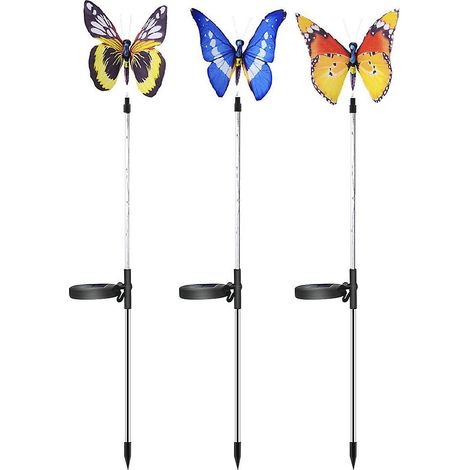 Guirlande lumineuse solaire d'extérieur en forme de papillon, lot de 3 lampes à piquer multicolores avec papillons décoratifs en fibre optique pour la décoration de jardin et l'ambiance festive (1/4)