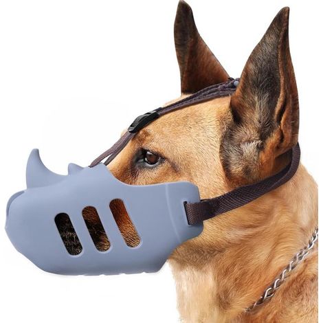 Muselière en silicone en forme de rhinocéros – Anti-morsure et anti-aboiement – Respirante et confortable – Pour chiens de 20 à 35 kg (1/5)