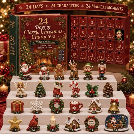 Adventskalender 2026 – 24-teilig – rot, grün, gold – Acryl – 24 Tage mit klassischen Weihnachtsfiguren – Christbaumschmuck – geeignet für Weihnachten und als Dekoration für den Wohnbereich (1/3)