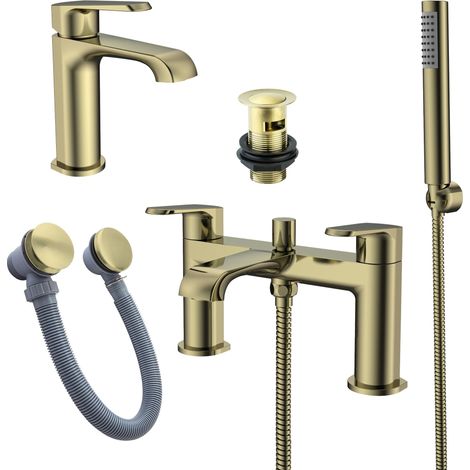 Brushed Brass Basin Sink Tap & Bath Shower Mixer Set with Matching Waste Plugs (1/4)