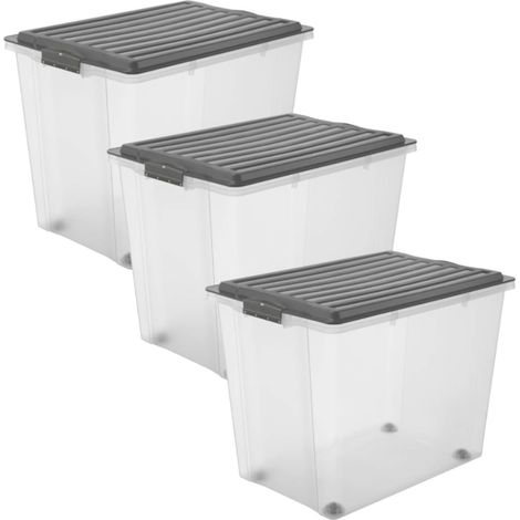 Ensemble de 3 boîtes de Rangement 70l avec Couvercle et roulettes, Plastique (PP) sans BPA, Anthracite/Transparent, 3 x 70l (57,0 x 39,5 x 43,5 cm) (1/5)