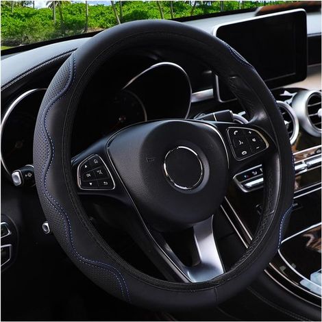 Coprivolante in pelle, universale per auto, offre una presa migliore, è traspirante ed elastico, misura 37-38 cm, colore nero/blu. (1/5)