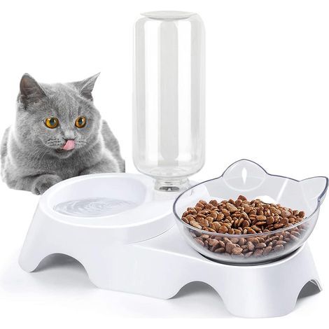 Comederos y bebederos automáticos para gatos, dispensador de comida y agua, comedero lento 2 en 1 para gatitos y cachorros. (1/5)