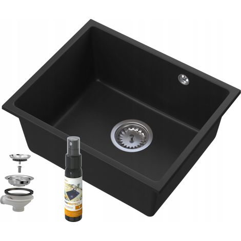 Évier de cuisine en granit Manado 46 × 37.5 cm sous plan noir avec mitigeur et distributeur et siphon (1/5)