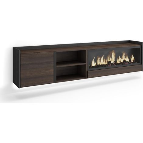 Skraut Home - Meuble TV, Banc Télé, Grand espace de Rangement, 212x35x50cm, Pour les TV jusqu'à 80", Cheminée électrique XXL, Suspendu, Mural, LED, Style moderne, Chêne foncé et Noir (1/5)