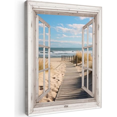 CUADRO EN LIENZO Ventana - Mar - Costa - Naturaleza - vista - Playa - Mar de Wadden Cuadros Decorativos 60x80 cm