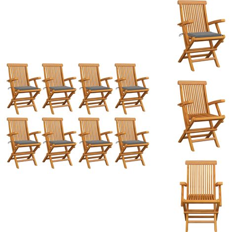 Gartenstühle mit Grauen Kissen 8 Stk. Massivholz Teak - Gartensaison - Gartenmöbel - Esszimmerset - Outdoor Furniture - Balkonmöbeln (1/5)
