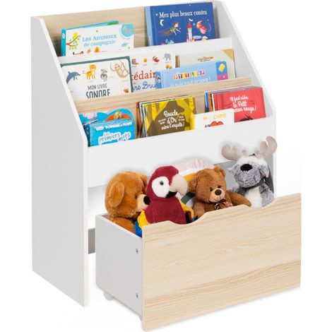 Idmarket – Bibliothèque enfant MANA 3 étagères 1 bac sur roulettes – Dimensions 62x30x70 cm – Coloris blanc et hêtre – Meuble de rangement pratique