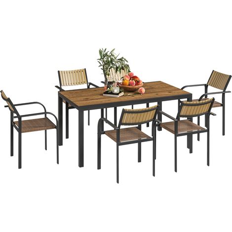 Set da Giardino con Tavolo da Pranzo Allungabile e 6 Sedie Impilabili in Acciaio e Textilene Marrone