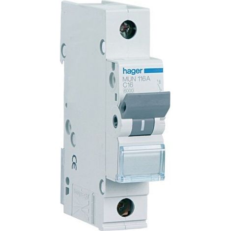 Hager – Disjoncteur unipolaire 16A – MUN116A – Courbe C 6kA – Protection circuits électriques – Température de fonctionnement -25 à 60°C