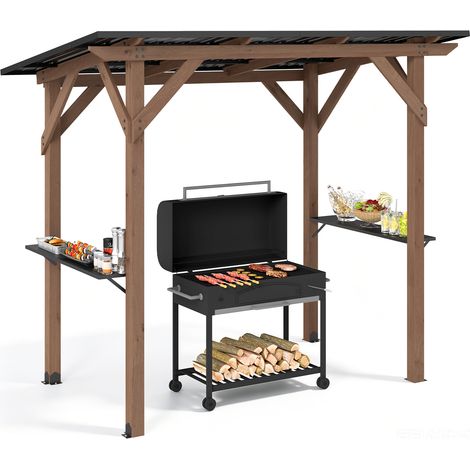 Abri Barbecue Extérieur en Bois Cèdre, Tonnelle de Jardin pour Grill avec Toit en Acier Galvanisé et 2 Étagères Latérales, 263 x 151 x 223 cm (1/5)