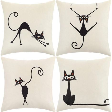 Housse de Coussin, Housse Coussin 45x45 Taie d'oreiller Lot de 4 Housses Coussin Decoratif Fleurs La Vie Marine Plante Tropicale Schéma pour Canapé Chaise de Salon (Chat-Coton Lin) (1/5)