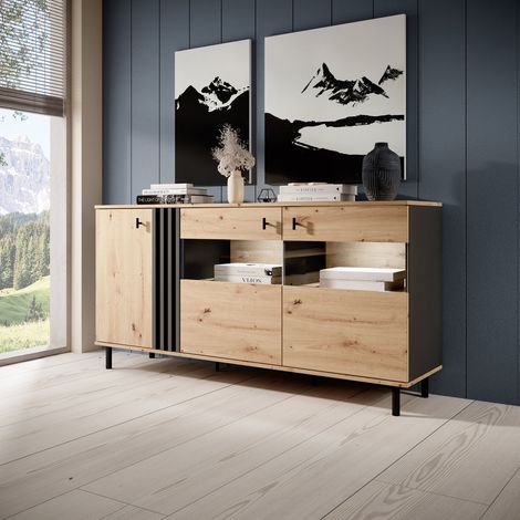 Cómoda Hare, Buffet 3 Estantes, Puertas Batientes, 3 Puertas, 165x40x82h cm Roble Marrón Nudos (1/4)