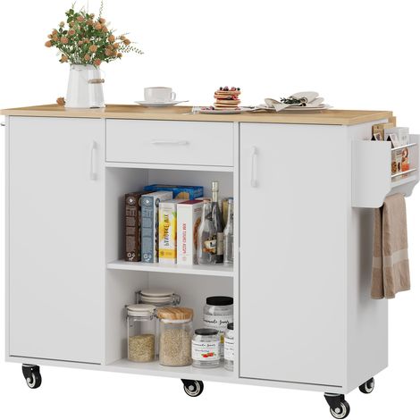 Isola cucina con piano ribaltabile, ruote, cassetto e armadio, bianco rovere, 120 cm (1/5)