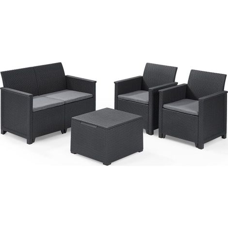 Salottino da Esterno Emma Lounge Set 4 Pezzi in Resina Effetto Rattan Colore Graphite con Divano, 2 Poltrone e Tavolino Contenitore Keter