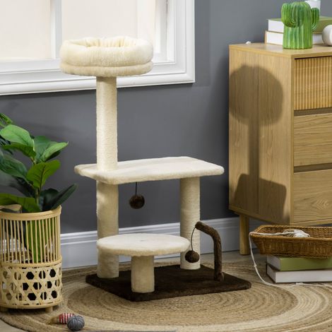 Arbre à chat Tiragraffi 81 cm avec poteau en sisal, plateforme en aggloméré et boules en peluche, 44x38 cm, parfait pour griffer et jouer (1/5)
