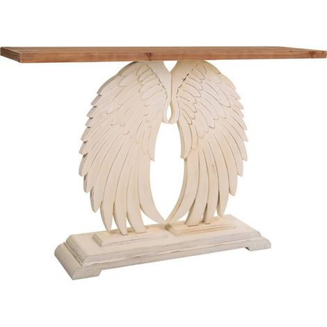 Console bois sculpté esprit vintage ailes d'ange élégante - Blanc antique et bois naturel (1/5)