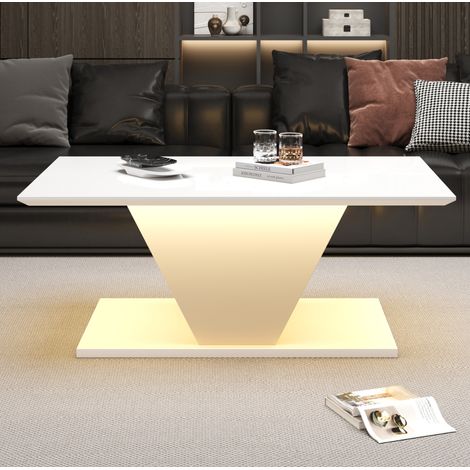Table basse 100x50x46 cm blanche en panneau de particules avec LED, finition brillante et design en V (1/5)