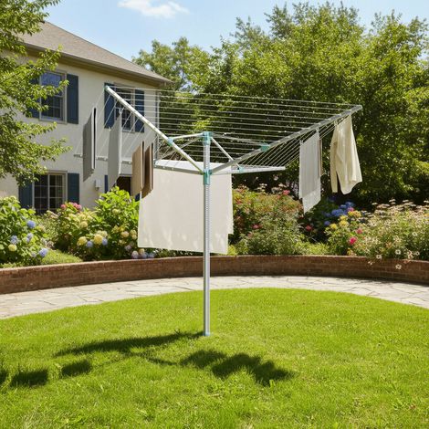 Étendoir à Linge Extérieur Réglable, en Alliage d'Aluminium, avec Housse et Pinces, Corde 60 m, Argent et Vert