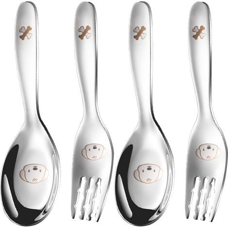 Ensemble de 4 cuillères et fourchettes pour enfants en acier inoxydable 316, cuillères à riz sec pour petits enfants et bébés, cuillères sculptées avec des motifs d'applaudissements. (1/5)