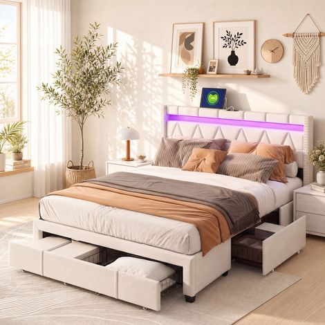 Lit 160x200 cm avec 4 tiroirs sur roulettes, tête de lit rembourrée LED, tissu lin beige, espace de rangement, moderne style, pour chambre adulte et adolescent