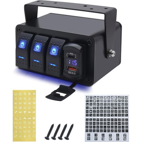 3 Gang Panneau de Commutation à Bascule 12V/24V, Bleu LED Interrupteur à Bascule avec Voltmètre Numérique, 4.8A Port de Charge PD (1/5)