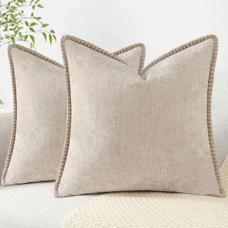 Lot de 2 housses de coussin décoratives douces 45 x 45 cm, en velours neutre, style ferme, avec bordure cousue, pour canapé, lit, décoration d'intérieur, beige (1/5)
