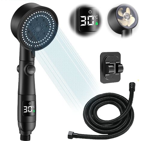 Pommeau de Douche à Économie D'eau avec Affichage de la Température, Pommeau de Douche Haute pression avec Tuyau de 1.5 m, 5 Modes, Pommeau de Douche avec Support Non Perforé pour Bain (1/5)