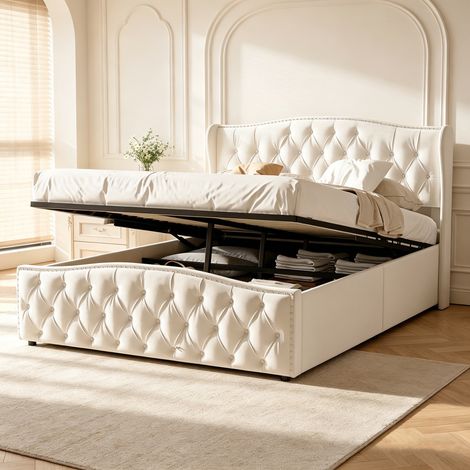 Samtbett mit Stauraum, 160 x 200 cm, gestepptes Kopfteil, großer hydraulischer Stauraum, Bett für Erwachsene, beige