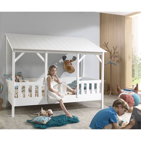 Hausbett für Kinder ALEXANDRIA-12 mit 90 x 200 cm Liegefläche, Dach in weiß - B/H/T: 214,2/174/105,3cm (1/4)