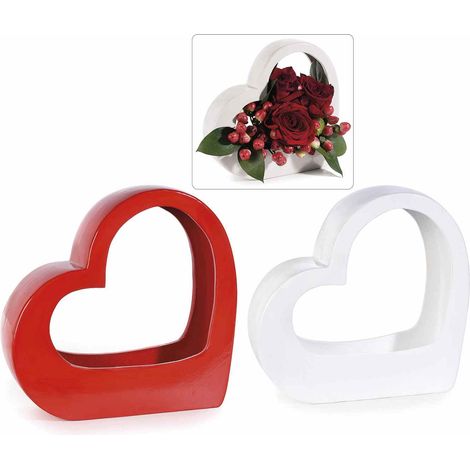 Vasi a forma di cuore in ceramica colorata lucida di dimensione piccola in colore rosso e bianco, set da 2 pezzi, cm 19,5 x 5 x 19 H