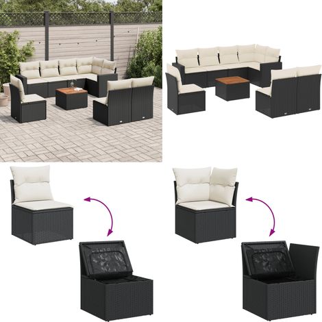 Salon de jardin 9 pcs avec coussins noir résine tressée - Salon De Jardin - Mobilier Extérieur - Set Salon De Jardin - Résine Tressée - Rotin Synthétique - Home & Living (1/5)