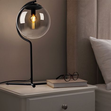 Tischleuchte Beistelllampe Schlafzimmerlampe Glas Tischlampe Wohnzimmerleuchte, Metall schwarz rauchfarben, LED 4W 350Lm warmweiß, H 50 cm