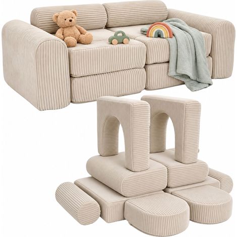 Relaxdays – Canapé de jeu enfant modulable 10 pièces – Blocs souples en velours côtelé – Dimensions H x L x P : 32 x 108 x 50 cm – Beige