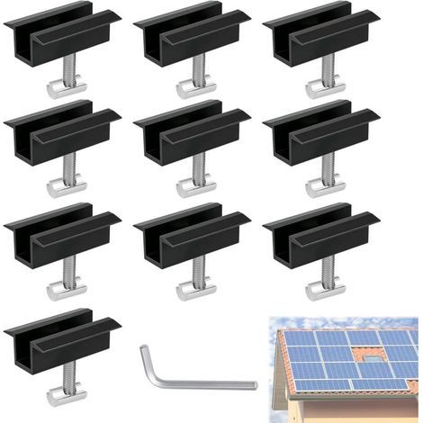 10-Pack Solar Panel Mounting Brackets 30-42mm, Central Clamps for Balconies, Aluminum Photovoltaic Solar Panel Mounting Rails, PV Modules Roof Clamp, Black (1/5)