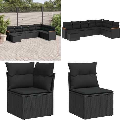 Salon de jardin 8 pcs avec coussins noir résine tressée - Salon De Jardin - Mobilier Extérieur - Set Salon - Résine Tressée - Rotin Synthétique - Home & Living (1/5)