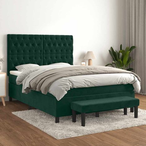 Lit avec sommier à lattes, matelas et banc en velours vert foncé 140 x 190 cm, 75.18kg - PANGIVO (1/5)