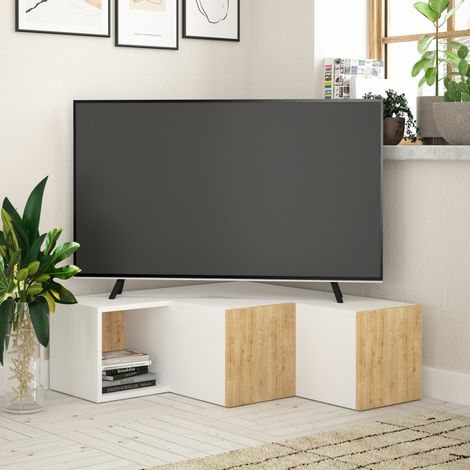 TV-Möbel Kompakt Weiß Eiche Melamin 90x32x92 cm (1/4)