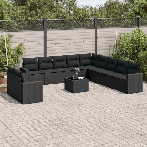 Ensemble de salon de jardin 12 places en résine tressée noire avec coussins et table en verre trempé (1/3)