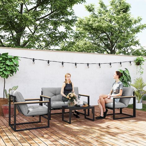 Ensemble de mobilier de jardin pour 4 personnes, ensemble de mobilier de balcon résistant aux intempéries comprenant un canapé 2 places, un fauteuil et des coussins d'assise, gris clair
