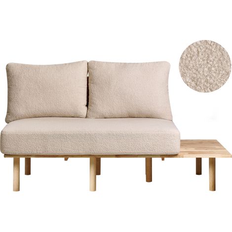 Sofá 2 plazas estilo Japandi estructura madera clara respaldo con mesa plegable tapizado de bouclé beige Salo (1/5)